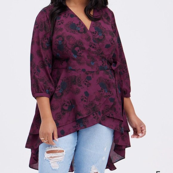 Torrid | NWT | Georgette Wrap Tunic Blouse | Floral Sugar Skulls - Picture 1 of 11